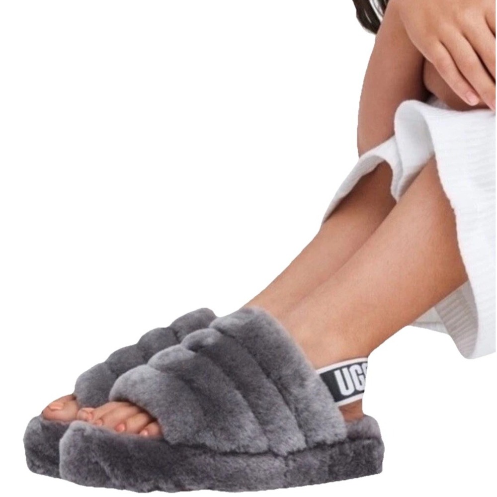 UGG Fluff Yeah Slide Sandal Shoe Charcoal Women's US 8 / EU 39 Worn 1x, With Box